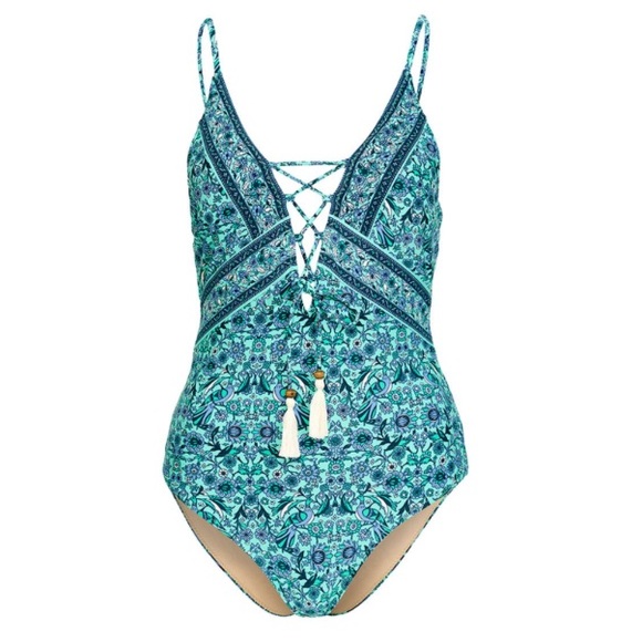 Lace Up One Piece Boho SWIMSUIT Green Blue Ocean - Picture 4 of 5